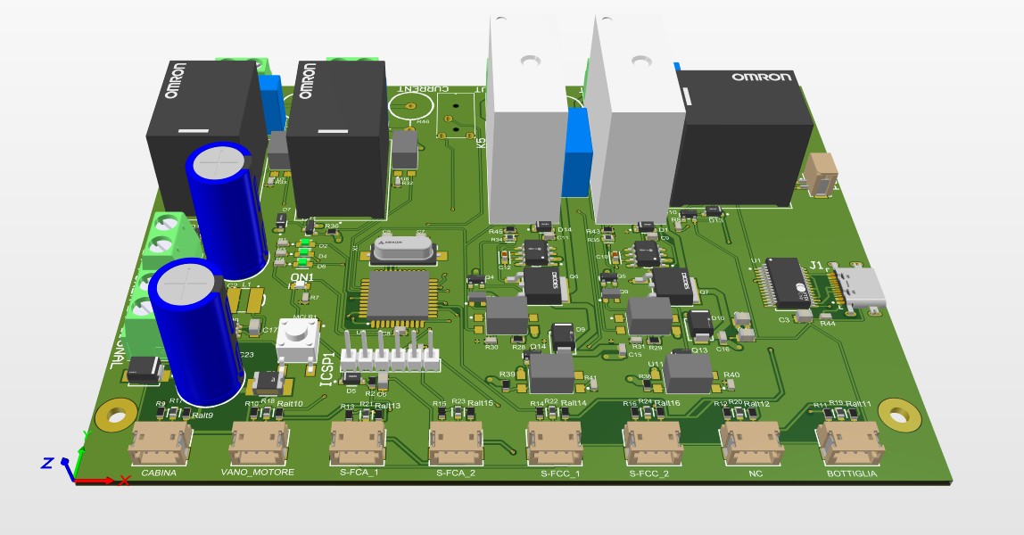 3D render of an industrial control board with relays, current sensing and connectors